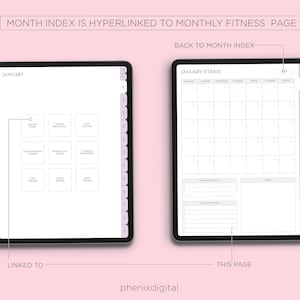 May include: A digital planner page with a monthly fitness calendar for January. The calendar has space for daily entries and notes. The page is linked to a monthly index page.