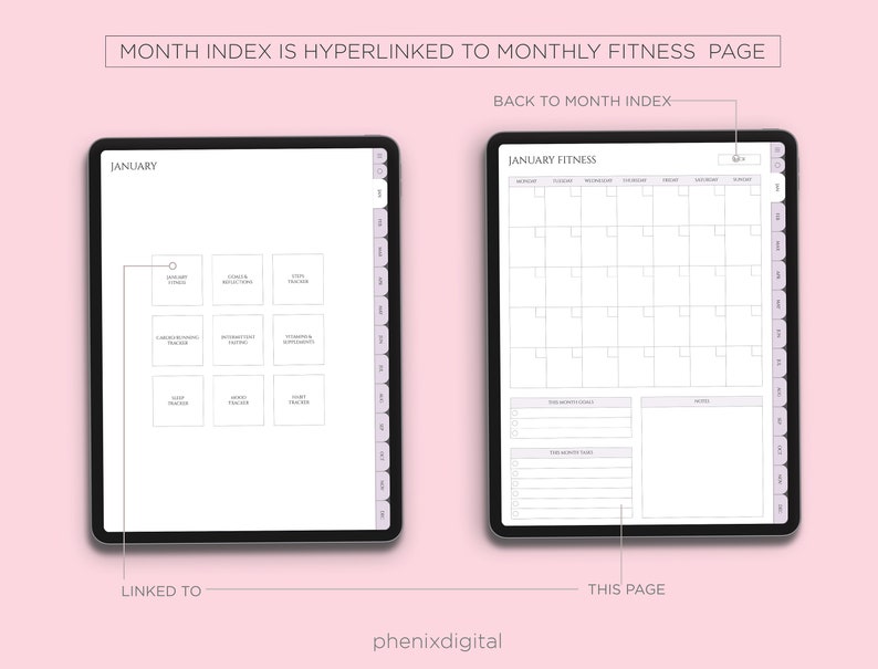 May include: A digital planner page with a monthly fitness calendar for January. The calendar has space for daily entries and notes. The page is linked to a monthly index page.
