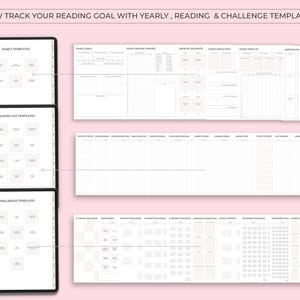 May include: A digital planner on a tablet shows yearly, reading list, and challenge templates. The templates include sections for tracking yearly goals, reading lists, and book challenges. The text at the top reads, "NOW TRACK YOUR READING GOAL WITH YEARLY, READING & CHALLENGE TEMPLATES."