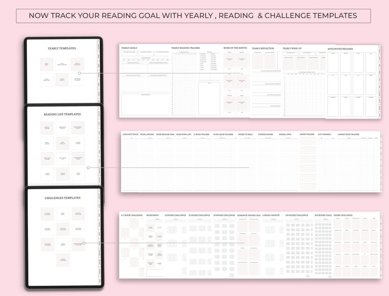 May include: A digital planner on a tablet shows yearly, reading list, and challenge templates. The templates include sections for tracking yearly goals, reading lists, and book challenges. The text at the top reads, "NOW TRACK YOUR READING GOAL WITH YEARLY, READING & CHALLENGE TEMPLATES."
