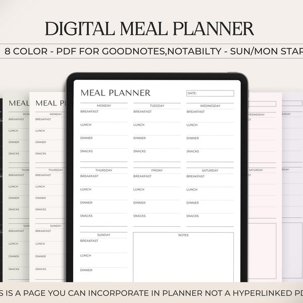 Digital Weekly Meal Planner, Goodnotes Template Notability, Digital Planner, Seven Day Menu Plan, Food Planner, Health and Fitness Tracker