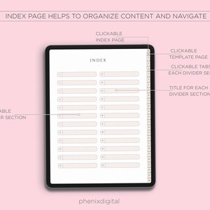 Puede incluir: Una plantilla de planificador digital con fondo blanco y borde gris. La plantilla est&aacute; dividida en secciones con pesta&ntilde;as clicables para cada secci&oacute;n. El texto "INDEX PAGE HELPS TO ORGANIZE CONTENT AND NAVIGATE" est&aacute; en la parte superior de la plantilla. El texto "INDEX" est&aacute; en el centro de la plantilla. El texto "CLICKABLE INDEX PAGE" est&aacute; en la parte superior derecha de la plantilla. El texto "CLICKABLE TEMPLATE PAGE" est&aacute; en la parte superior derecha de la plantilla. El texto "CLICKABLE TABS FOR EACH DIVIDER SECTION" est&aacute; en la parte superior derecha de la plantilla. El texto "TITLE FOR EACH DIVIDER SECTION" est&aacute; en la parte superior derecha de la plantilla. El texto "CLICKABLE DIVIDER SECTION" est&aacute; en la parte inferior izquierda de la plantilla.