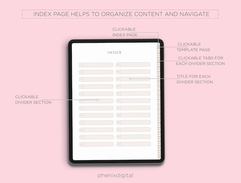 Puede incluir: Una plantilla de planificador digital con fondo blanco y borde gris. La plantilla est&aacute; dividida en secciones con pesta&ntilde;as clicables para cada secci&oacute;n. El texto "INDEX PAGE HELPS TO ORGANIZE CONTENT AND NAVIGATE" est&aacute; en la parte superior de la plantilla. El texto "INDEX" est&aacute; en el centro de la plantilla. El texto "CLICKABLE INDEX PAGE" est&aacute; en la parte superior derecha de la plantilla. El texto "CLICKABLE TEMPLATE PAGE" est&aacute; en la parte superior derecha de la plantilla. El texto "CLICKABLE TABS FOR EACH DIVIDER SECTION" est&aacute; en la parte superior derecha de la plantilla. El texto "TITLE FOR EACH DIVIDER SECTION" est&aacute; en la parte superior derecha de la plantilla. El texto "CLICKABLE DIVIDER SECTION" est&aacute; en la parte inferior izquierda de la plantilla.