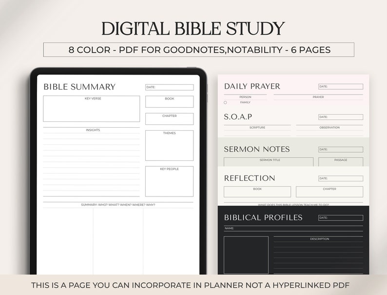 May include: A digital Bible study planner with 6 pages, designed for GoodNotes and Notability apps. The planner includes sections for Bible summary, daily prayer, sermon notes, reflection, and biblical profiles. The planner is available in 8 colors.