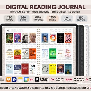 May include: A digital reading journal displayed on a tablet, featuring a library layout with book covers. The journal includes 1000 stickers, 150 covers, and 1300 pages. Text on the image reads "Digital Reading Journal" and "Boho Vibes".