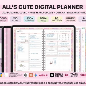 May include: A digital planner titled ALL'S CUTE DIGITAL PLANNER featuring 2026-2028 calendars, 50,000 stickers, 150 covers, 230 templates, 830 pages, and 48 notebooks. The interface displays a daily schedule with cat illustrations and task lists.