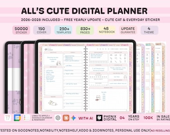 All -in-One Digital Planner 2026 2027 2028 ADHD Planner, Goodnotes Planner, iPad Planner, Weekly Monthly Planner, Kawaii Cute Planner