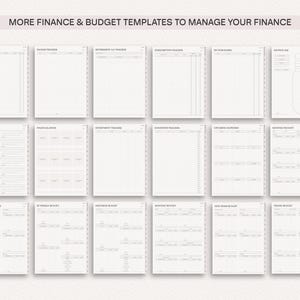 May include: A set of printable finance and budget templates to help manage your finances. The templates include sections for tracking income, expenses, investments, savings, and debt.