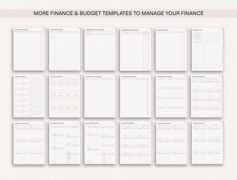 May include: A set of printable finance and budget templates to help manage your finances. The templates include sections for tracking income, expenses, investments, savings, and debt.