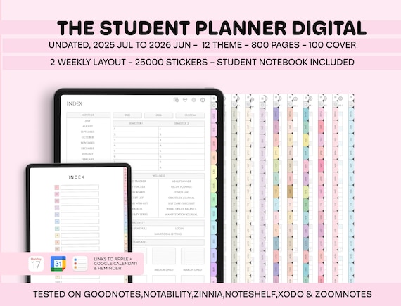 2025 2026 Student Digital Planner Goodnotes, Academic Planner, College Planner Academic Agenda, Undated Student iPad Planner