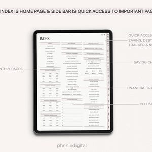 May include: A digital planner on a tablet screen with the word "INDEX" at the top. The planner includes sections for monthly pages, saving challenges, financial trackers, and custom pages. The side bar provides quick access to important pages, including bill saving, debt, bank tracker, and notes.