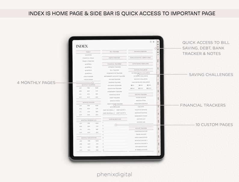 May include: A digital planner on a tablet screen with the word "INDEX" at the top. The planner includes sections for monthly pages, saving challenges, financial trackers, and custom pages. The side bar provides quick access to important pages, including bill saving, debt, bank tracker, and notes.