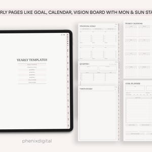 May include: A digital tablet displaying a screen with the text "YEARLY TEMPLATES" and a list of templates for goal setting, financial goals, quarterly goals, and vision boards. The screen also shows a calendar and a goal planner.