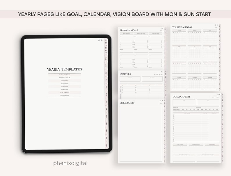 May include: A digital tablet displaying a screen with the text "YEARLY TEMPLATES" and a list of templates for goal setting, financial goals, quarterly goals, and vision boards. The screen also shows a calendar and a goal planner.