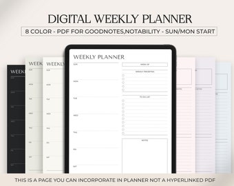 Digitale weekplanner Goodnotes-sjabloon Notability, takenlijst, minimale wekelijkse agenda, wekelijkse organisator, week in één oogopslag Week op één pagina