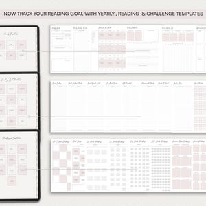 May include: Three digital planner templates for tracking reading goals. The first template is for monthly reading, the second is for yearly reading, and the third is for reading challenges. Each template has a grid of squares for tracking books read.