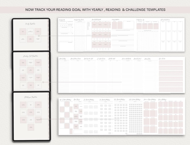 May include: Three digital planner templates for tracking reading goals. The first template is for monthly reading, the second is for yearly reading, and the third is for reading challenges. Each template has a grid of squares for tracking books read.