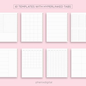 Puede incluir: Ocho p&aacute;ginas de planificador imprimibles diferentes con varios dise&ntilde;os, que incluyen p&aacute;ginas rayadas, cuadriculadas, de calendario y en blanco. Las p&aacute;ginas est&aacute;n dise&ntilde;adas para usar con un cuaderno espiral. El texto "61 PLANTILLAS CON PESTA&Ntilde;AS HIPERVINCULADAS" est&aacute; en la parte superior de la imagen.
