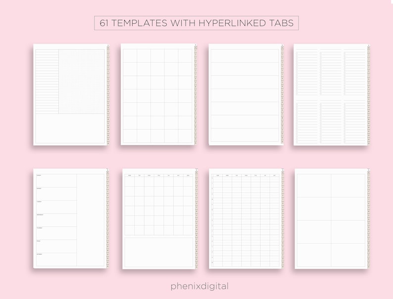 Puede incluir: Ocho p&aacute;ginas de planificador imprimibles diferentes con varios dise&ntilde;os, que incluyen p&aacute;ginas rayadas, cuadriculadas, de calendario y en blanco. Las p&aacute;ginas est&aacute;n dise&ntilde;adas para usar con un cuaderno espiral. El texto "61 PLANTILLAS CON PESTA&Ntilde;AS HIPERVINCULADAS" est&aacute; en la parte superior de la imagen.