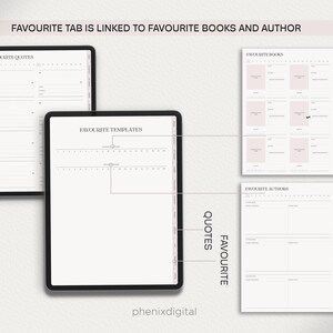 May include: Four digital planner pages for a tablet. The pages are titled "Favourite Quotes", "Favourite Templates", "Favourite Books", and "Favourite Authors".