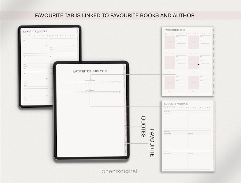 May include: Four digital planner pages for a tablet. The pages are titled "Favourite Quotes", "Favourite Templates", "Favourite Books", and "Favourite Authors".