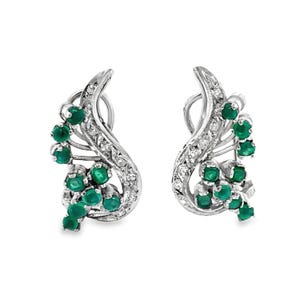 14k White Gold Emerald and Diamond Cluster Earrings