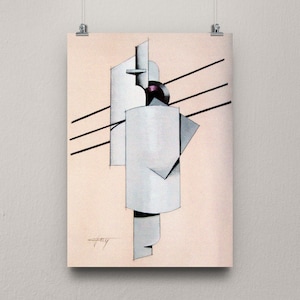 Può includere: Stampa artistica astratta con forme geometriche in tonalità di grigio e bianco su sfondo rosa pallido. L'opera d'arte include linee nere e una firma nell'angolo in basso a sinistra. La stampa è esposta su una parete.