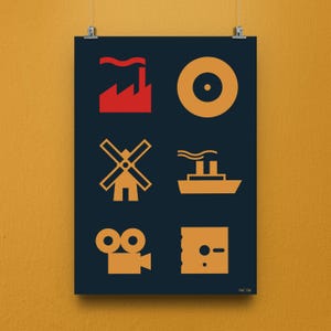Puede incluir: Un póster con fondo azul oscuro presenta seis iconos geométricos naranjas y rojos. Los iconos incluyen una fábrica, un disco, un molino de viento, un barco, una cámara de cine y un cuadrado con un punto y una raya. El texto "FAC 126" está en la esquina inferior derecha.