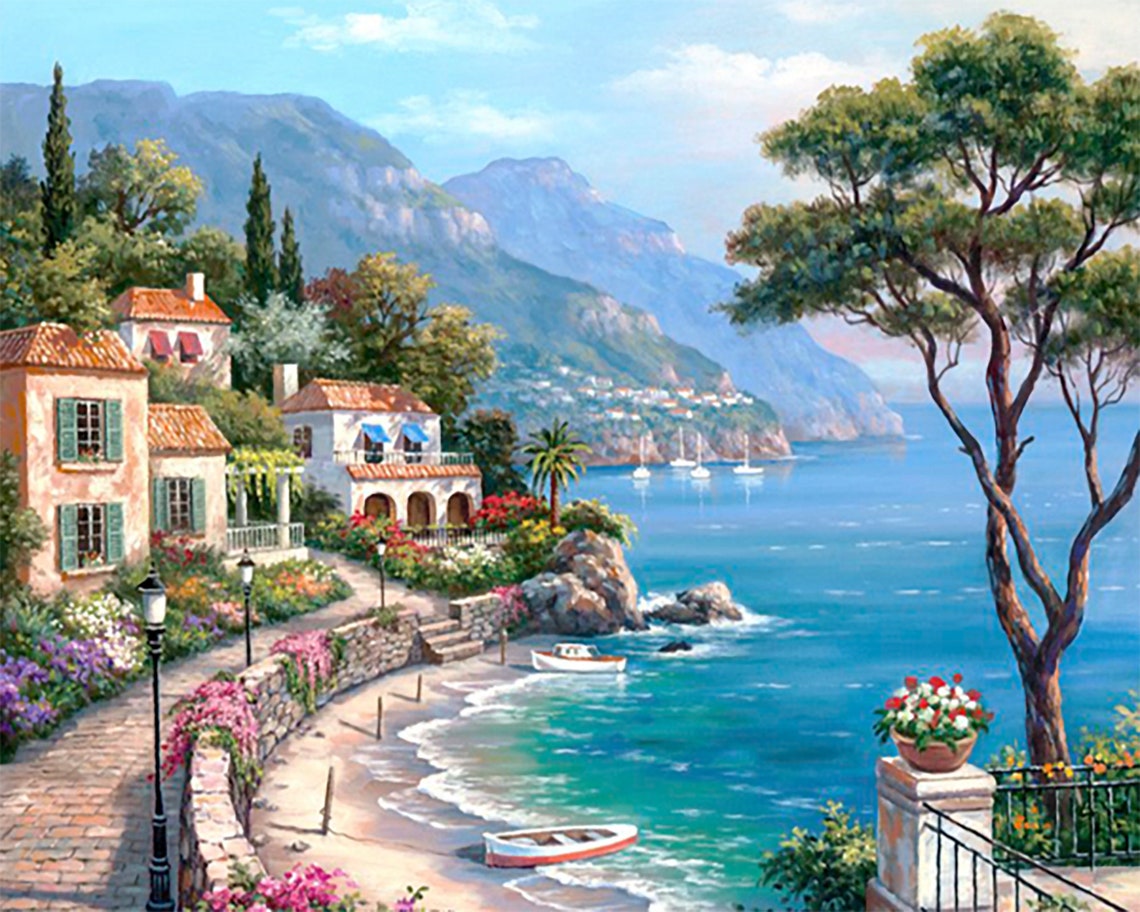 Italian Riviera Painting Seaside Town Wall Art Landscape Etsy