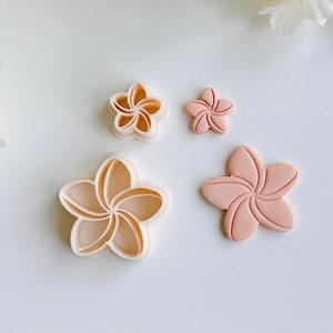 Könnte beinhalten: Drei rosafarbene Plastik-Ausstecher in Form von Frangipani-Blüten. Die Ausstecher sind in verschiedenen Größen, wobei der größte Ausstecher in der Mitte des Bildes ist.