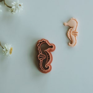 May include: Two seahorse-shaped items. One is a cookie cutter with a detailed outline, and the other is a seahorse-shaped fondant. Both are in shades of peach and coral. A sprig of white flowers is in the background.