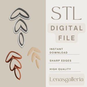 Könnte beinhalten: Eine digitale STL-Datei für den 3D-Druck mit blattförmigen Ausstechformen in Grau und Terrakotta. Der Text lautet STL DIGITAL FILE, INSTANT DOWNLOAD, SHARP EDGES, HIGH QUALITY und Lenasgalleria. Das Design umfasst drei verschiedene Blattformen.