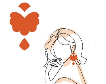 Könnte beinhalten: Linienkunst-Illustration einer Frau mit kurzen Haaren, die ein Paar orangefarbene Hängeohrringe trägt. Die Ohrringe sind in Form eines Schmetterlings mit einem tropfenförmigen Anhänger gestaltet. Die Haare der Frau sind in einem welligen Stil gezeichnet und sie schaut nach unten. Der Hintergrund ist weiß mit einem kleinen orangefarbenen Schmetterlingsdesign in der oberen linken Ecke.