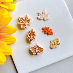 Peut inclure: Un ensemble de six emporte-pièces en forme de feuille de différentes couleurs, dont l'orange, le beige et le rose. Les emporte-pièces sont disposés sur une surface blanche.