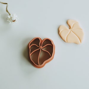 May include: A close-up of two cookie cutters, one is a light peach color and the other is a dark red. Both are shaped like a leaf.