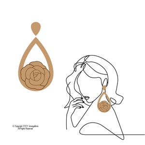 以下が含まれることがあります： バラのデザインが施された、茶色の涙型のイヤリングをつけた女性の線画イラスト。イヤリングは画像の左側で詳細に描かれています。