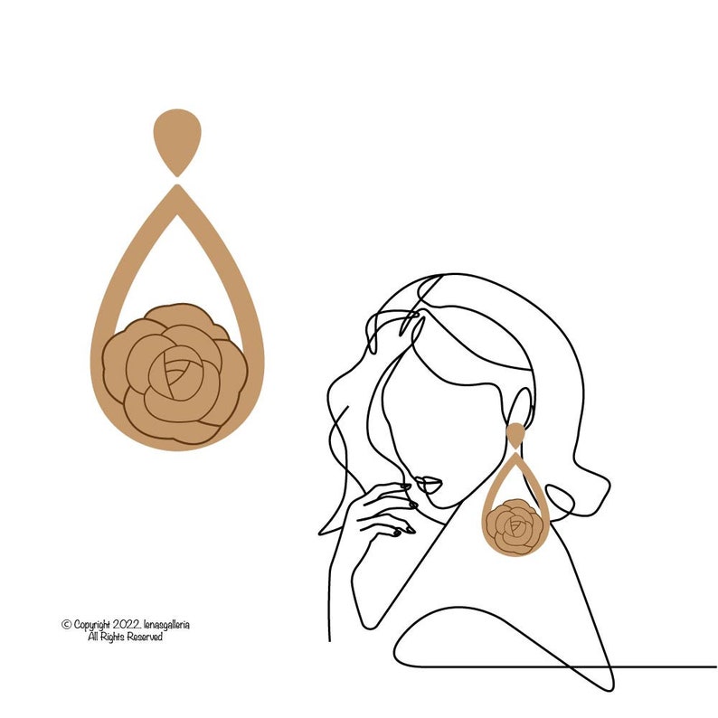以下が含まれることがあります： バラのデザインが施された、茶色の涙型のイヤリングをつけた女性の線画イラスト。イヤリングは画像の左側で詳細に描かれています。