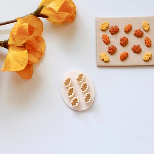 Puede incluir: Un juego de seis cortadores de galletas con forma de hoja sobre un fondo blanco. Los cortadores están hechos de plástico blanco y están dispuestos en círculo.