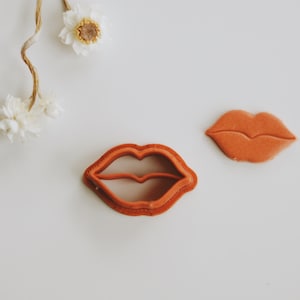 May include: Two cookie cutters in the shape of lips. One is a solid red lip and the other is a hollow outline of a lip.