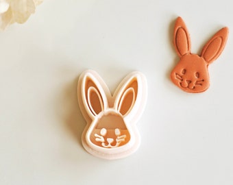 May include: A white plastic cookie cutter shaped like a bunny rabbit with a simple face. The cutter is on a white surface.