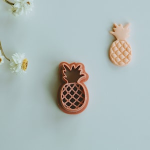 May include: Two pink plastic pineapple cookie cutters. One is a solid shape and the other is an outline.