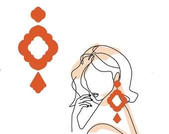 Könnte beinhalten: Linienkunst-Illustration einer Frau mit kurzen Haaren, die große orangefarbene Statement-Ohrringe trägt. Die Ohrringe sind geometrisch geformt und haben ein baumelndes Tropfen-Design.