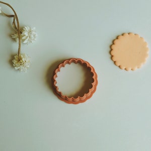 May include: A brown plastic cookie cutter with a scalloped edge, and a light orange circle of fondant.