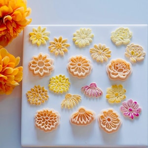 Può includere: Una collezione di vari tagliabiscotti a forma di fiore in tonalità pesca chiaro e crema, disposti su una superficie bianca. I tagliabiscotti presentano intricati disegni di petali, tra cui margherite, dalie e rose.