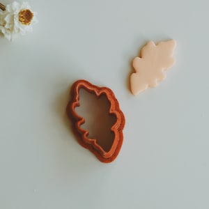 May include: A red plastic cookie cutter shaped like an oak leaf. The cutter is on a white surface.