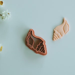 Op de afbeelding: Twee roze plastic koekjesvormen in de vorm van schelpen. De grotere vorm is een gedetailleerder ontwerp met meerdere lagen. De kleinere vorm is een eenvoudiger ontwerp.