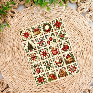 May include: A rectangular sheet of stickers featuring a grid of twenty individual Christmas-themed illustrations, including poinsettias, bells, wreaths, ornaments, a tree, candy canes, a mug, ice skates, Santa Claus, a lantern, a stocking, and gifts.