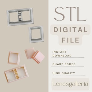 May include: A set of light-colored plastic cookie cutters in rectangular and square shapes, alongside two small light pink book-shaped cookies. The text reads STL DIGITAL FILE, INSTANT DOWNLOAD, SHARP EDGES, HIGH QUALITY, and Lenasgalleria.