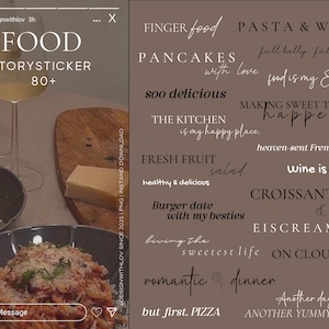 Könnte beinhalten: Eine Sammlung von Instagram-Story-Stickern zum Thema Essen mit Sätzen wie "Pasta & Wein", "Voller Bauch, volles Leben", "Essen ist meine Energie", "Die Küche ist mein glücklicher Ort", "Frischer Fruchtsalat", "Burger-Date mit meinen besten Freunden", "Das süßeste Leben leben", "Romantisches Abendessen", "Aber zuerst Pizza", "Ein weiterer Tag, ein weiterer leckerer Salat" und "Wein ist Kunst!" Die Sticker sind in weißer Schrift auf braunem Hintergrund.