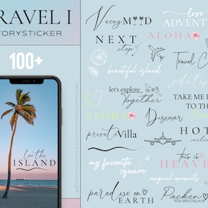 Könnte beinhalten: Ein blauer Hintergrund mit weißem Text und Illustrationen. Der Text enthält "Travel I StorySticker", "100+", "Aloha", "Love Adventure", "Take Me Back To The", "Discover", "Hotel", "This Is Heaven", "Paradise On Earth", "Packen Fur Den Urlaub". Die Illustrationen beinhalten eine Palme, ein Herz, ein Flugzeug, einen Reisepass, eine Muschel und einen Heißluftballon.
